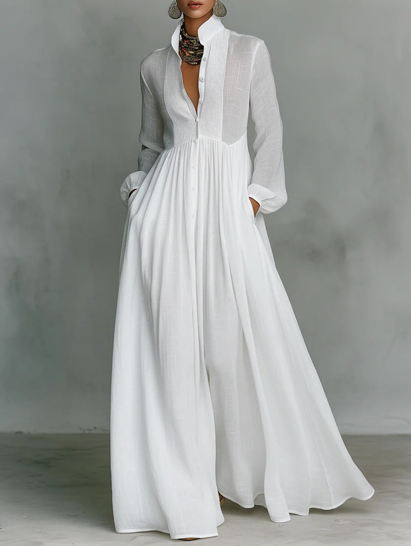 Women's white maxi dress lightweight button-front flowing