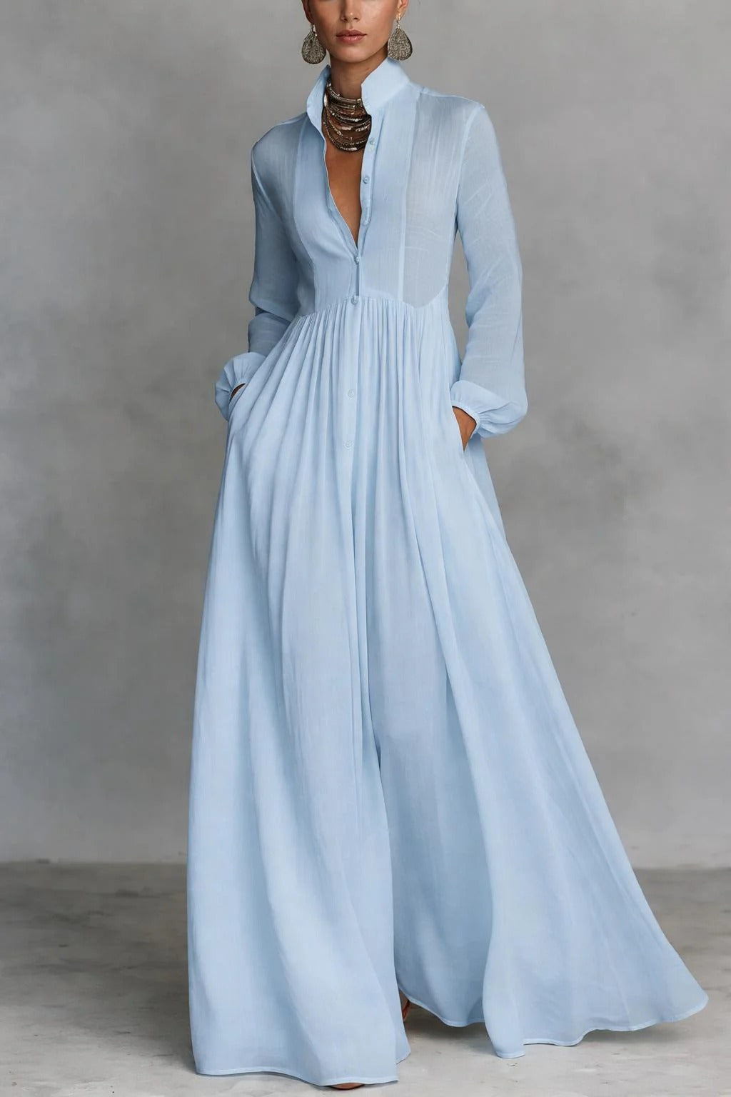 Women's blue maxi dress long-sleeve button-front