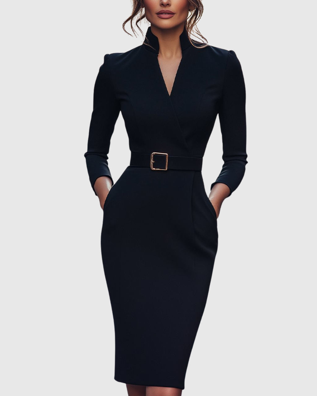Women's black belted pencil midi dress with three-quarter sleeves