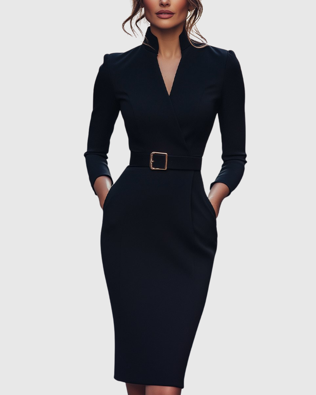 Women's black belted pencil midi dress with three-quarter sleeves