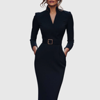 Women's black belted pencil midi dress with three-quarter sleeves