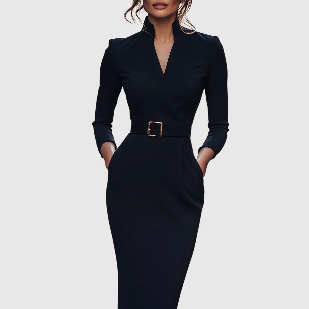 Women's black belted pencil midi dress with three-quarter sleeves