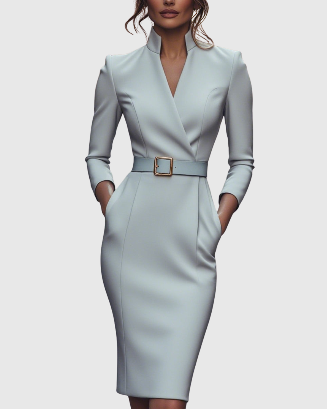 Women's black belted pencil midi dress with three-quarter sleeves