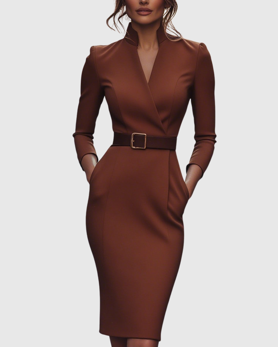 Women's black belted pencil midi dress with three-quarter sleeves