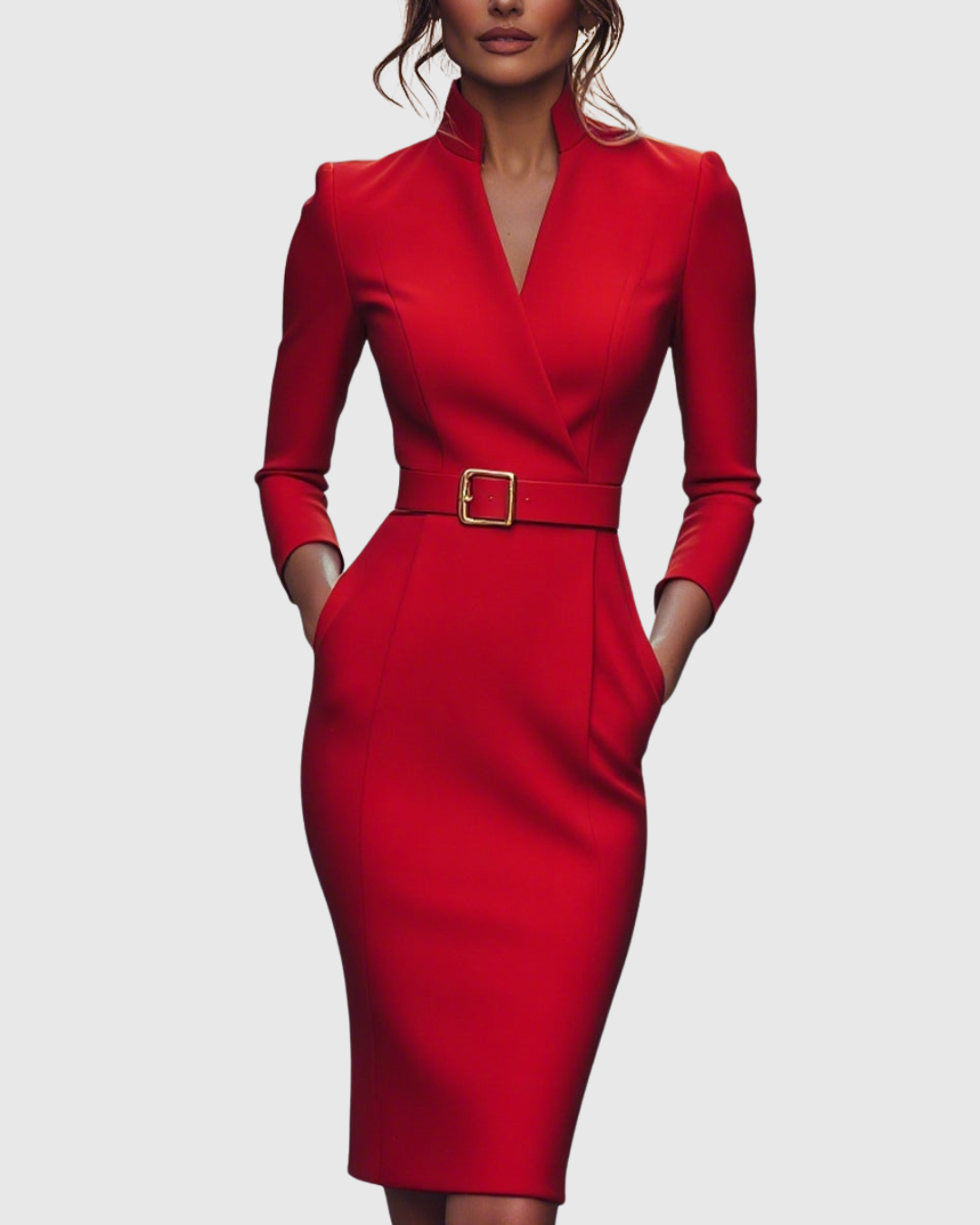 Women's black belted pencil midi dress with three-quarter sleeves