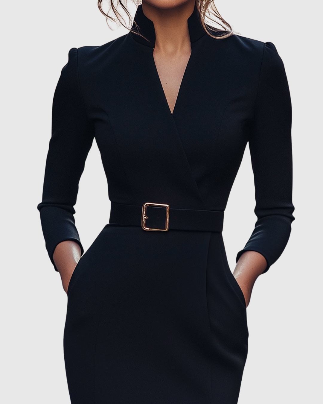 Women's black belted pencil midi dress with three-quarter sleeves