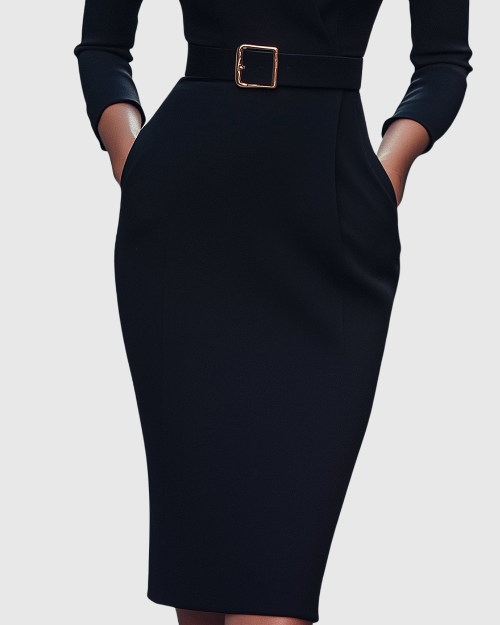 Women's black belted pencil midi dress with three-quarter sleeves