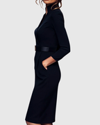 Women's black belted pencil midi dress with three-quarter sleeves