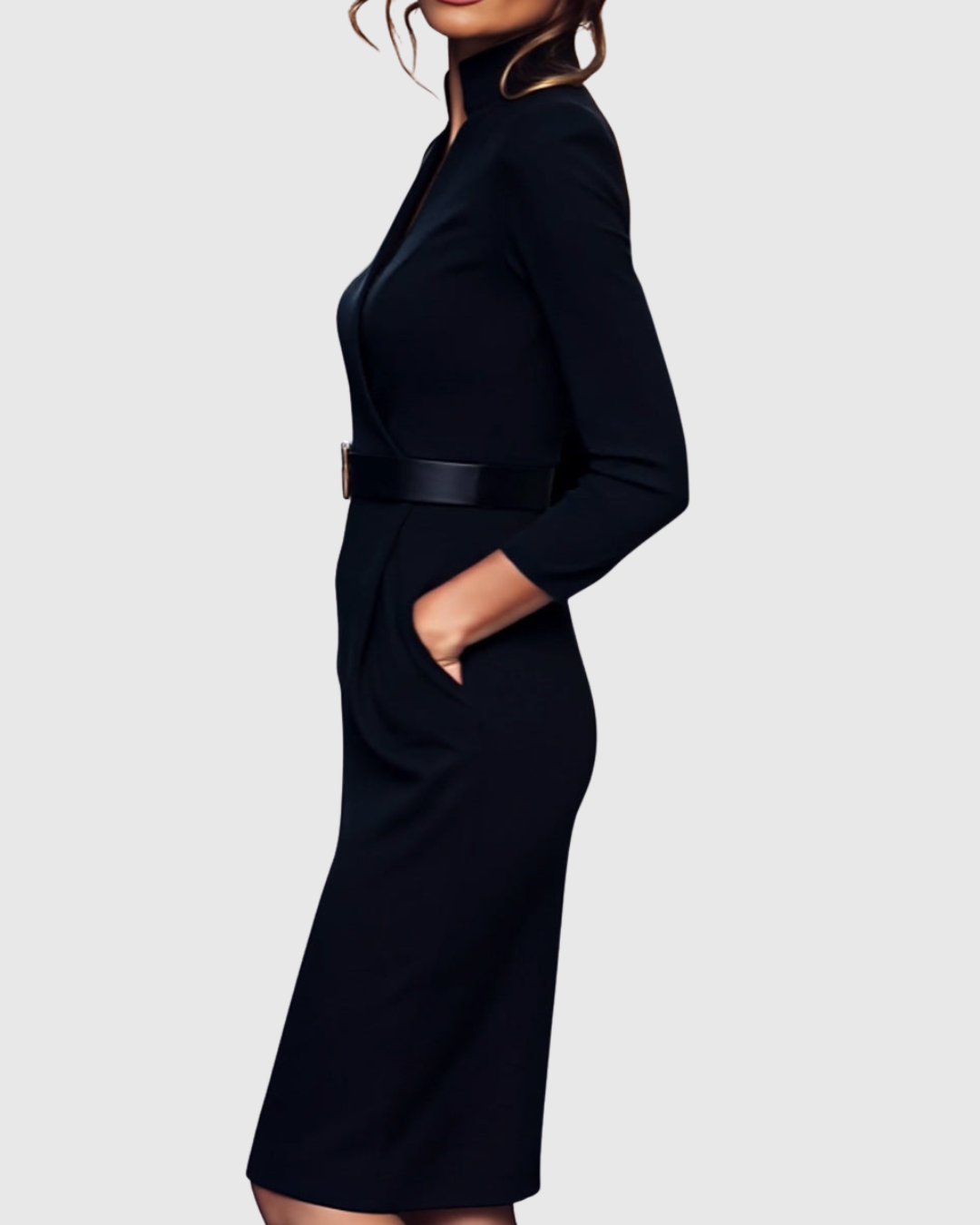 Women's black belted pencil midi dress with three-quarter sleeves