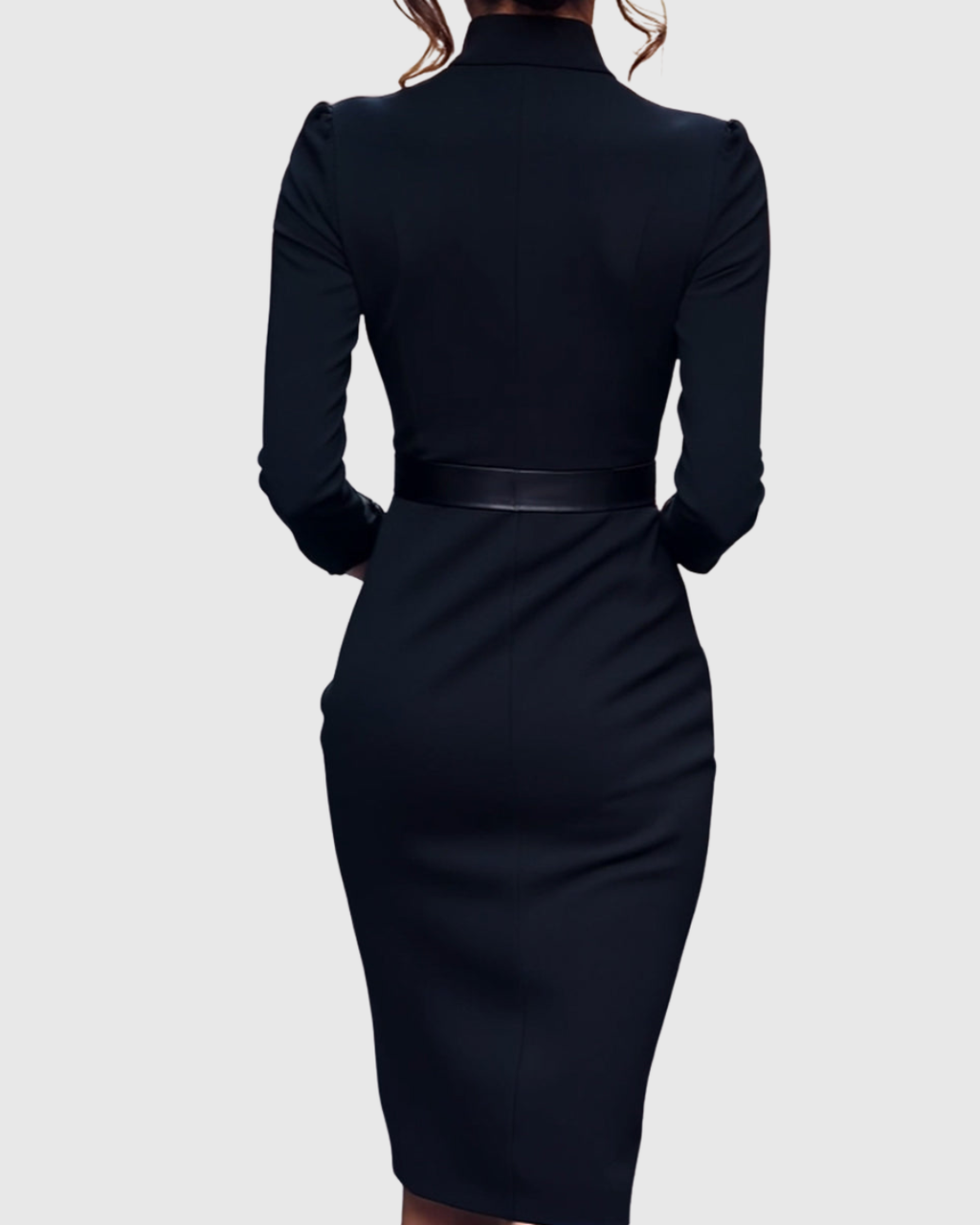 Women's black belted pencil midi dress with three-quarter sleeves