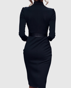 Women's black belted pencil midi dress with three-quarter sleeves