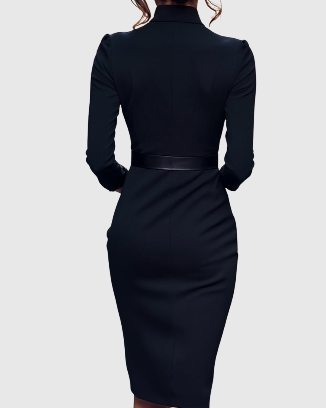 Women's black belted pencil midi dress with three-quarter sleeves