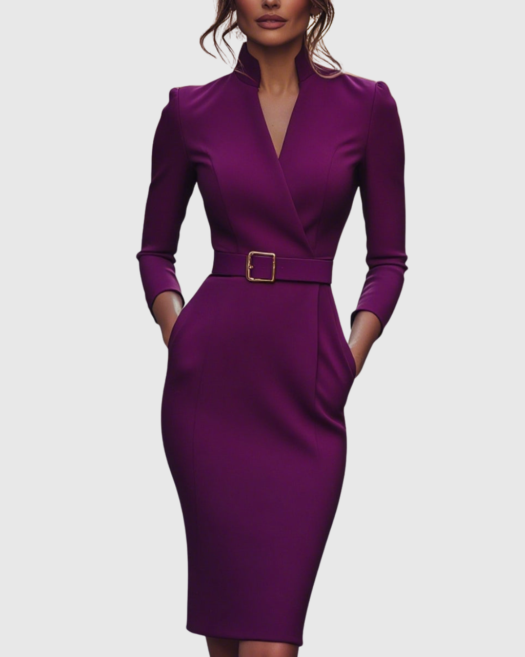 Women's black belted pencil midi dress with three-quarter sleeves