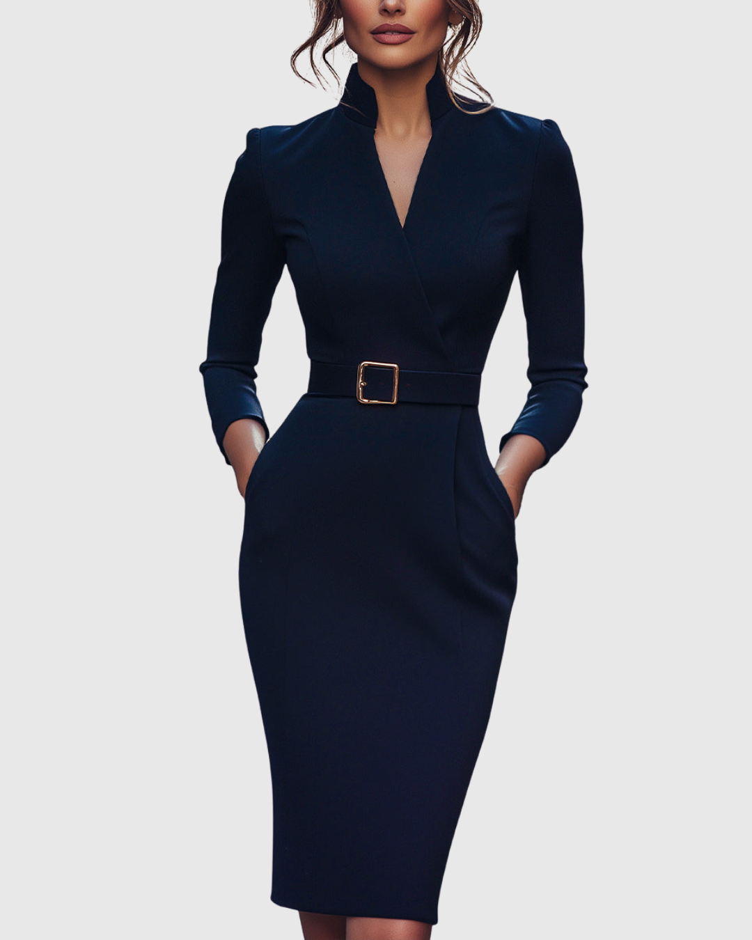 Women's black belted pencil midi dress with three-quarter sleeves