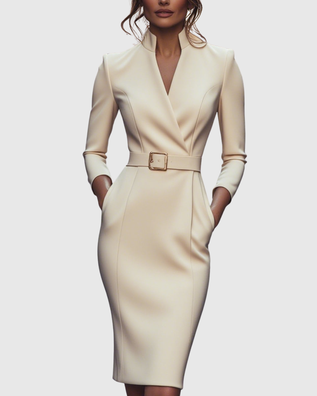 Women's black belted pencil midi dress with three-quarter sleeves