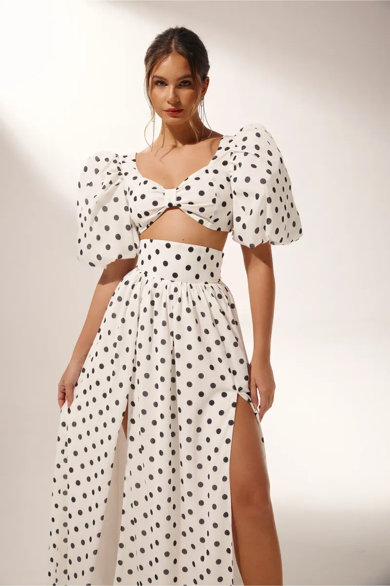 Black and white polka dot co-ord set with puff sleeves