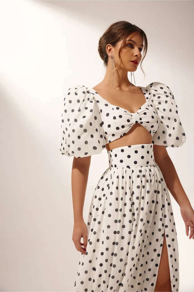 Black and white polka dot co-ord set, styled front view