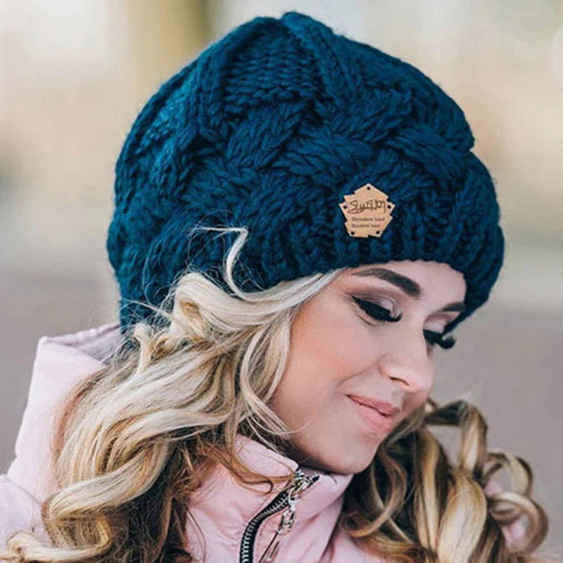 Blue knitted beanie for winter