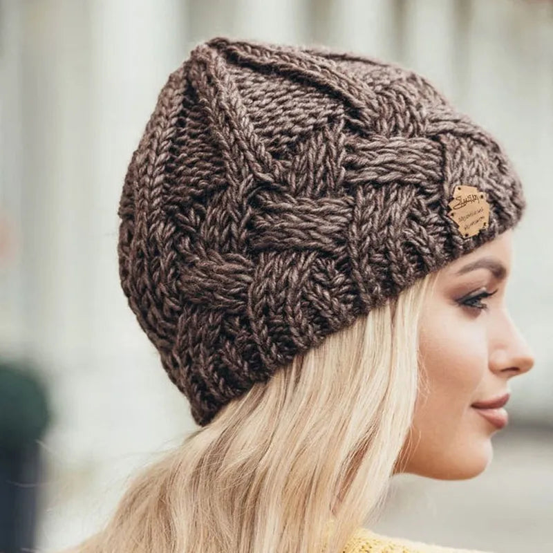 Beige knitted beanie for winter