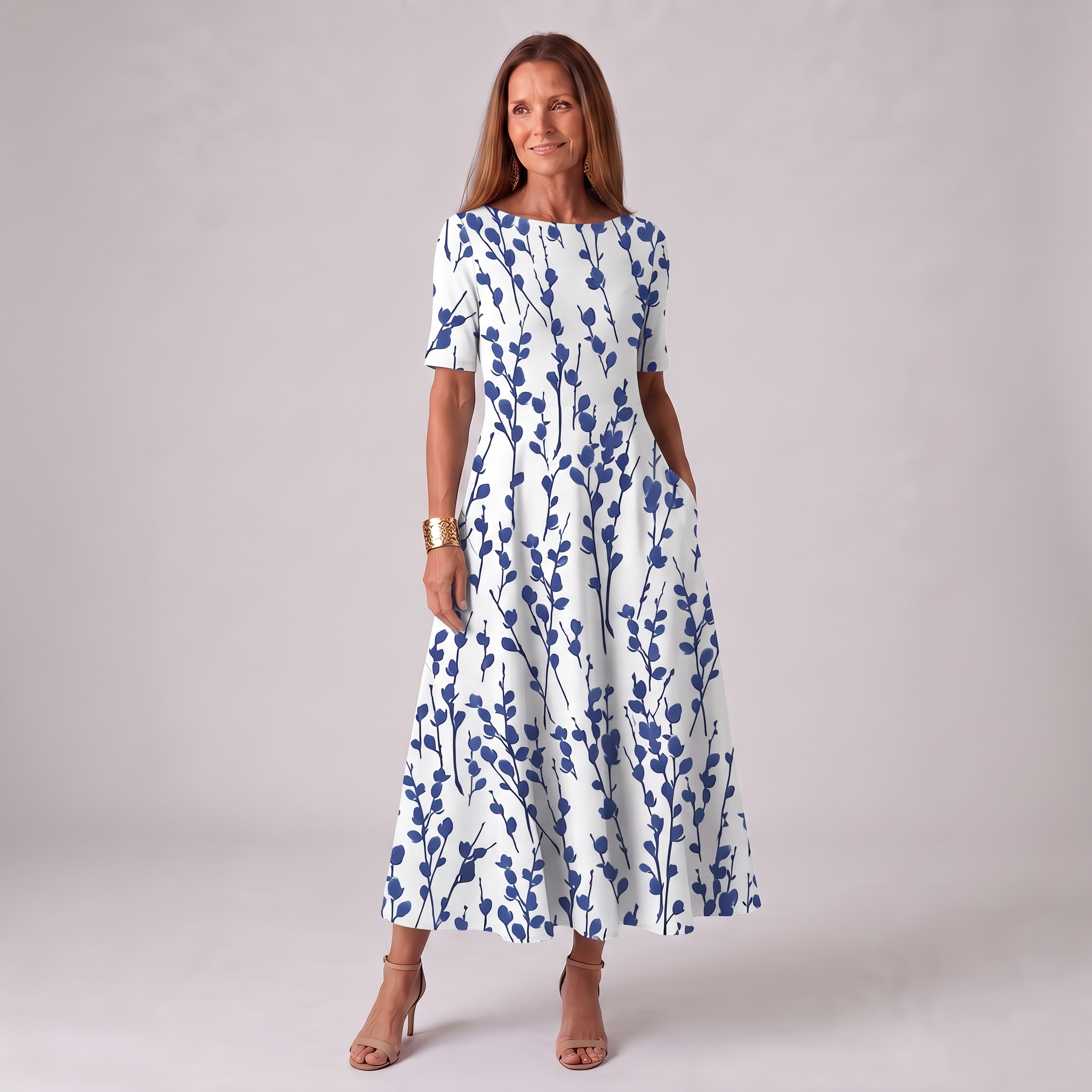 Women's blue dress round-neck short-sleeve a-line