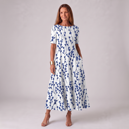 Women's blue dress round-neck short-sleeve a-line