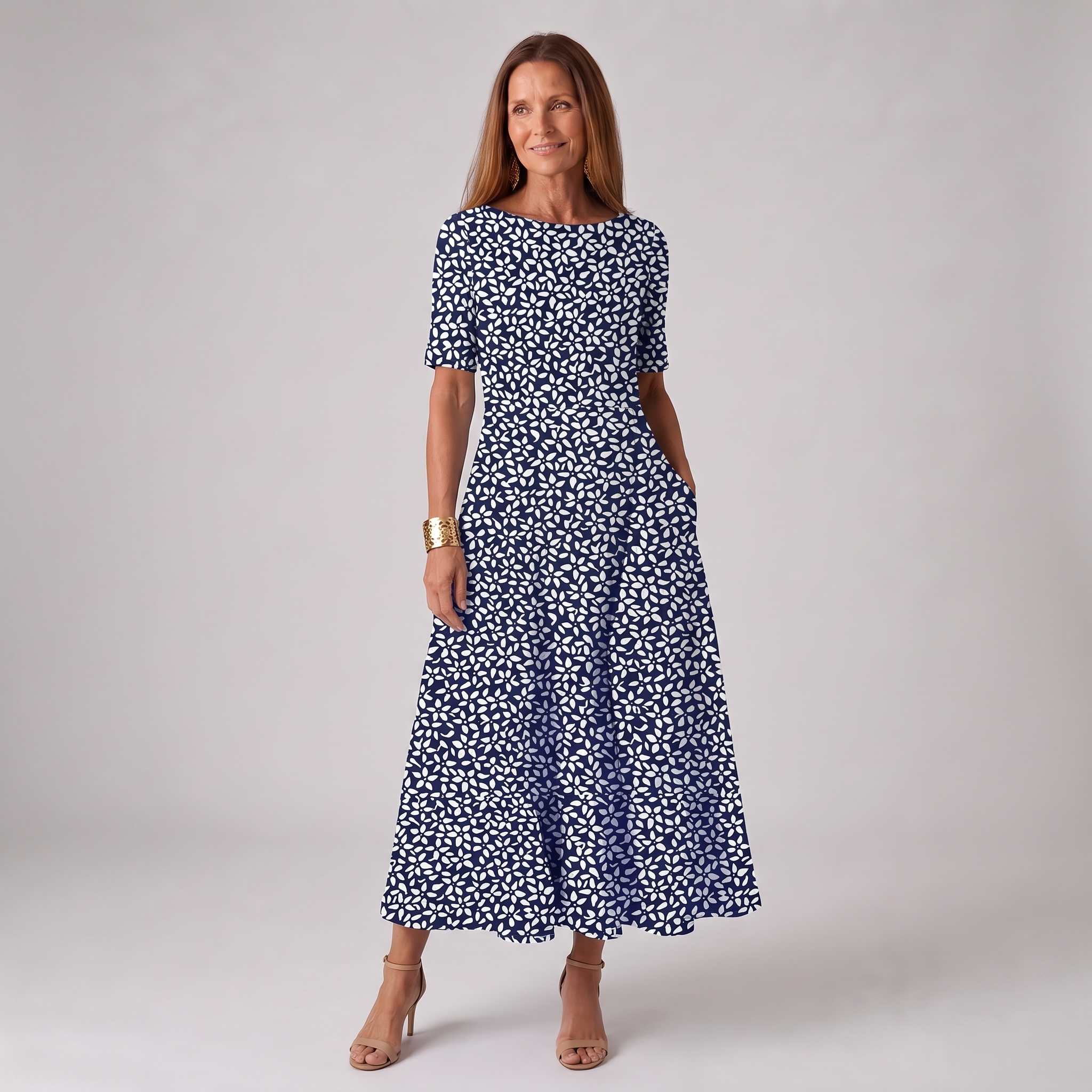 Women's blue dress round-neck short-sleeve a-line