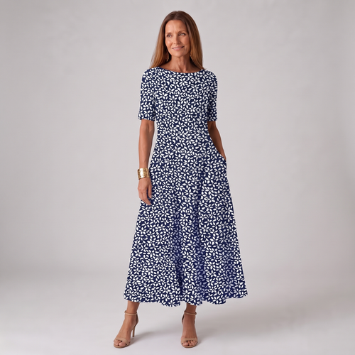 Women's blue dress round-neck short-sleeve a-line