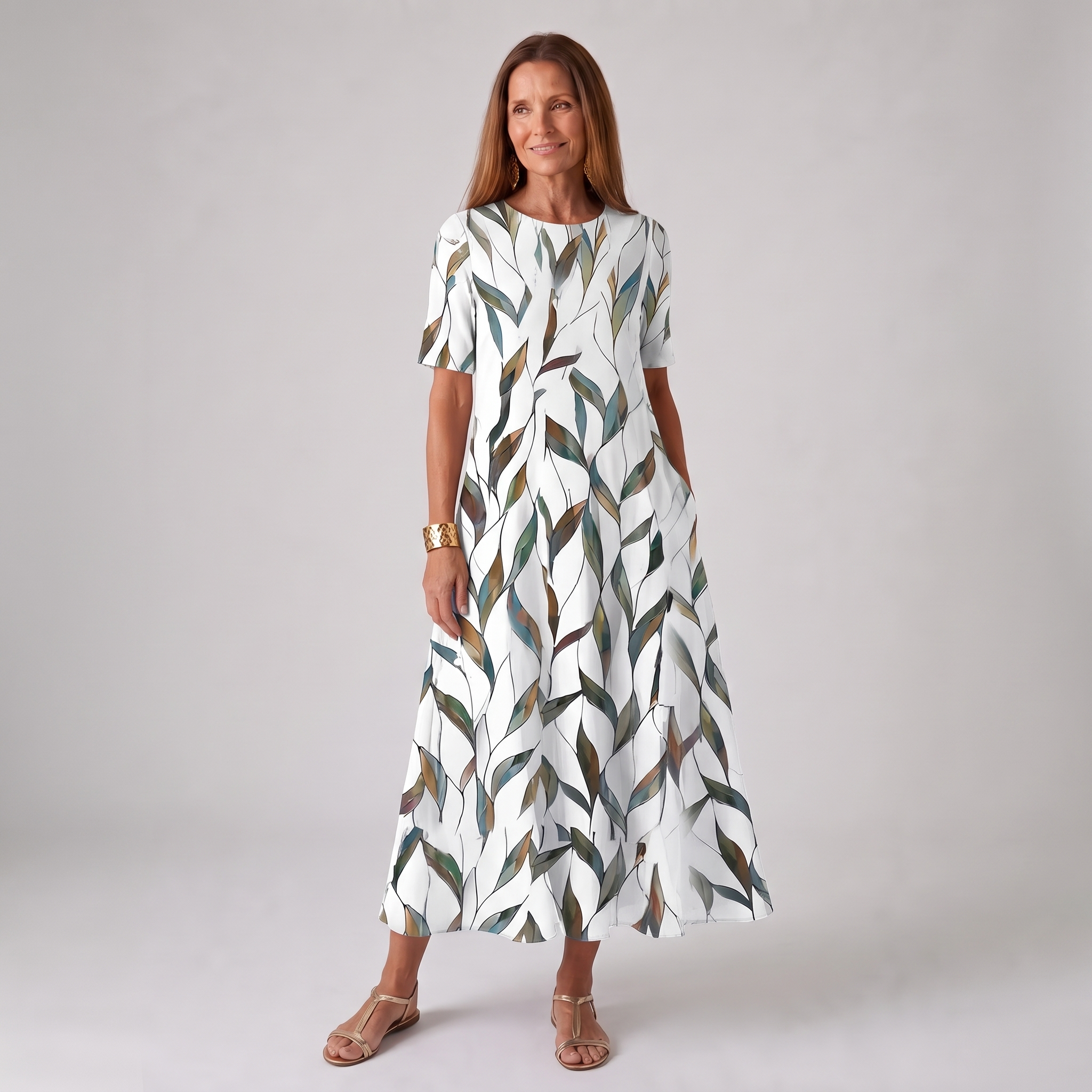 Women's blue dress round-neck short-sleeve a-line
