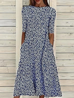 Women's blue dress round-neck short-sleeve a-line