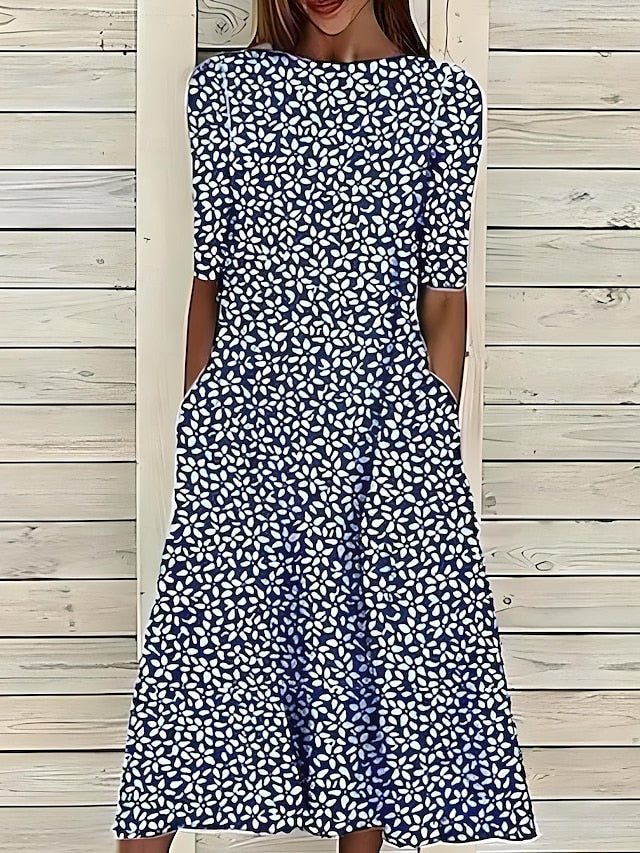 Women's blue dress round-neck short-sleeve a-line