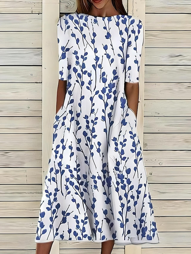 Women's blue dress round-neck short-sleeve a-line