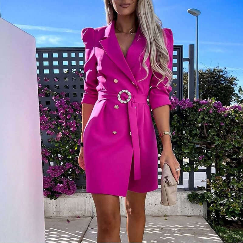 Women's Long Tailored Blazer Dress with Belt for Office Wear — Pink