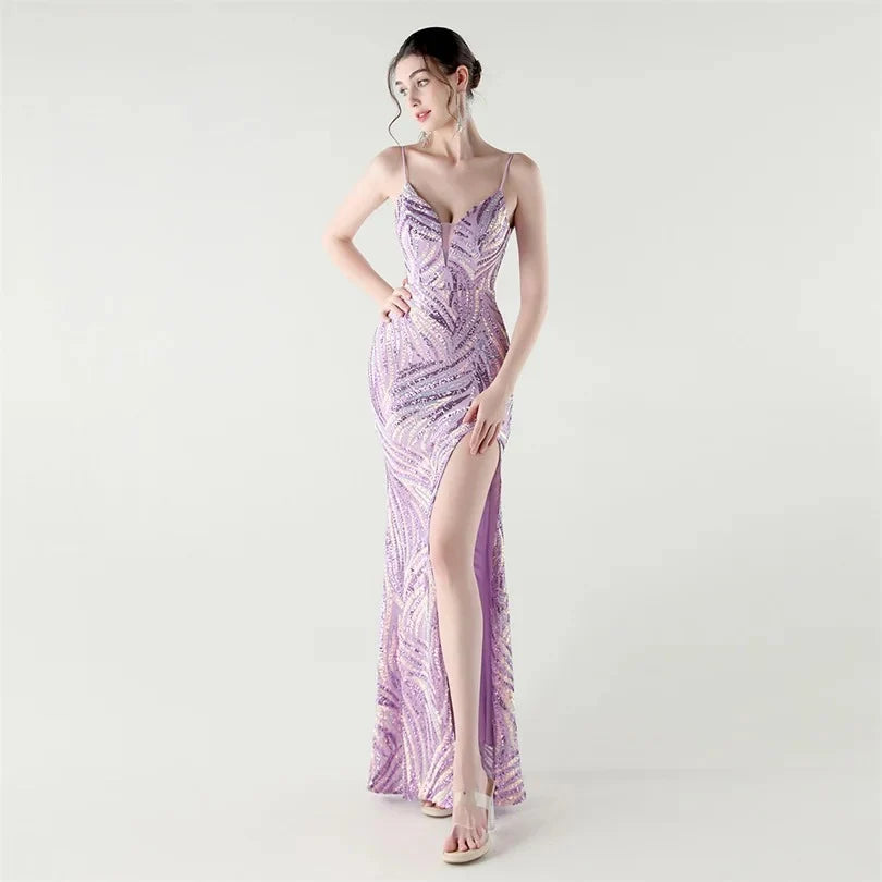 Women's Sequin Evening Gown with Front Slit for Formal Events — Lavender