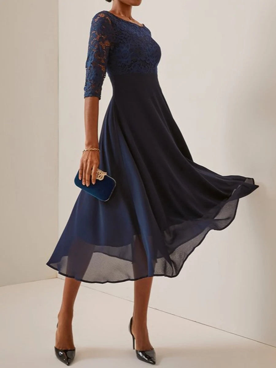 Women's Navy Midi Dress for Evening Dinner Occasions — Navy Blue
