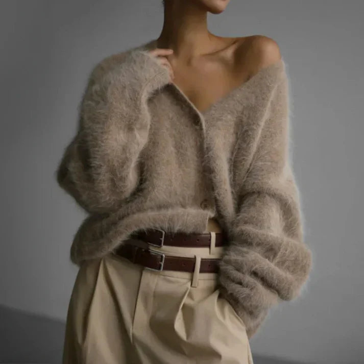 Women's beige cashmere cardigan with loose fit