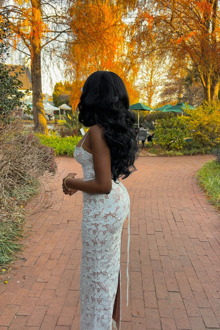White lace maxi dress styled for a wedding guest occasion