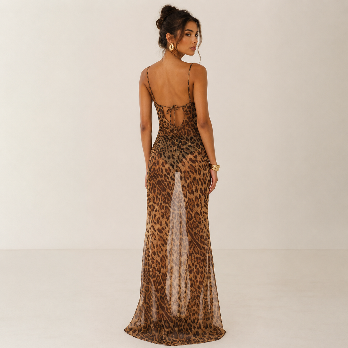 Leopard Print sheer maxi dress styled for the transitional season ahead.