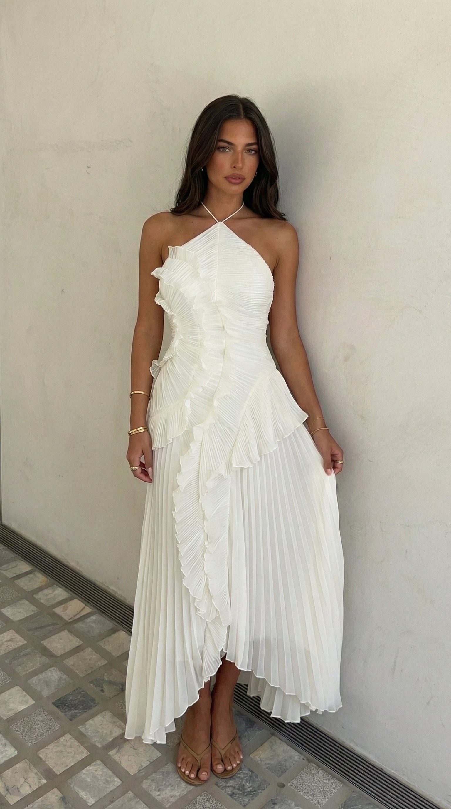 White halter maxi dress with ruffle detail, side view