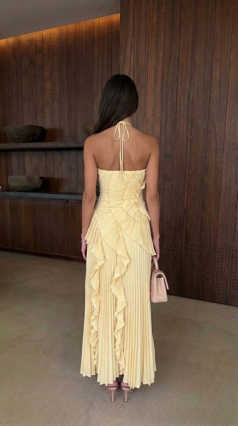 Back view of yellow halter maxi dress showing vertical pleating