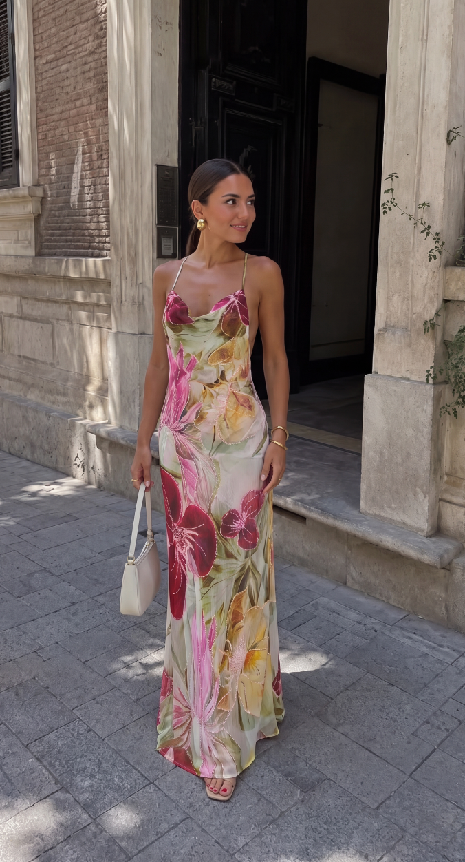 Front view of the pink floral maxi dress featuring waterfall neckline.