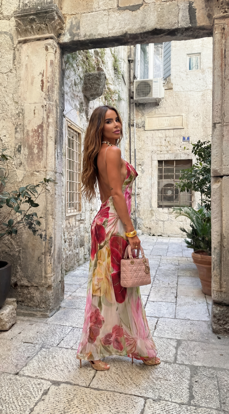 Pink floral maxi dress styled to highlight the open-back detail.
