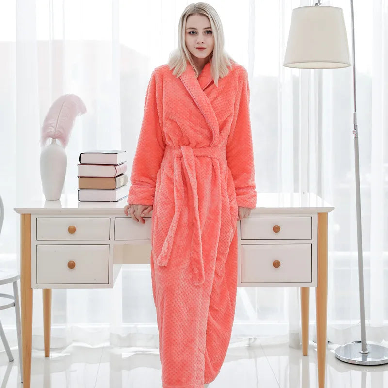 Women's orange plush fleece dressing gown with shawl collar