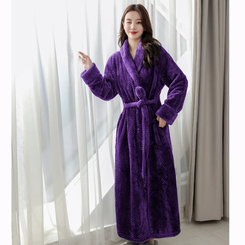 Women's orange plush fleece dressing gown with shawl collar