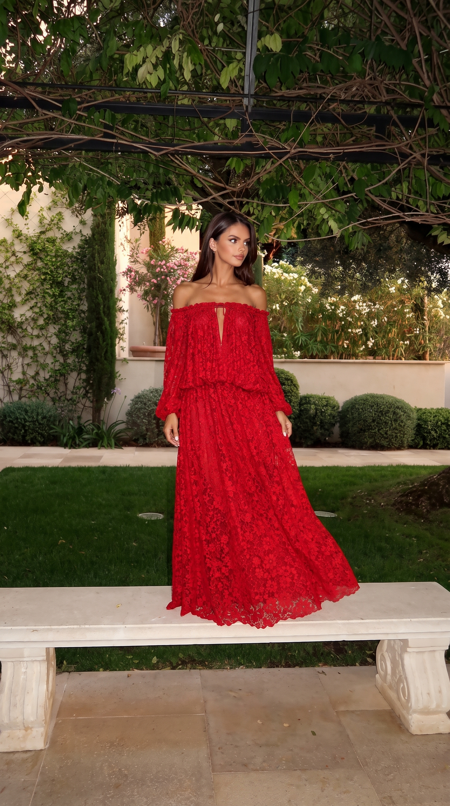 Red off-shoulder lace maxi dress with long sleeves, full front view in a garden