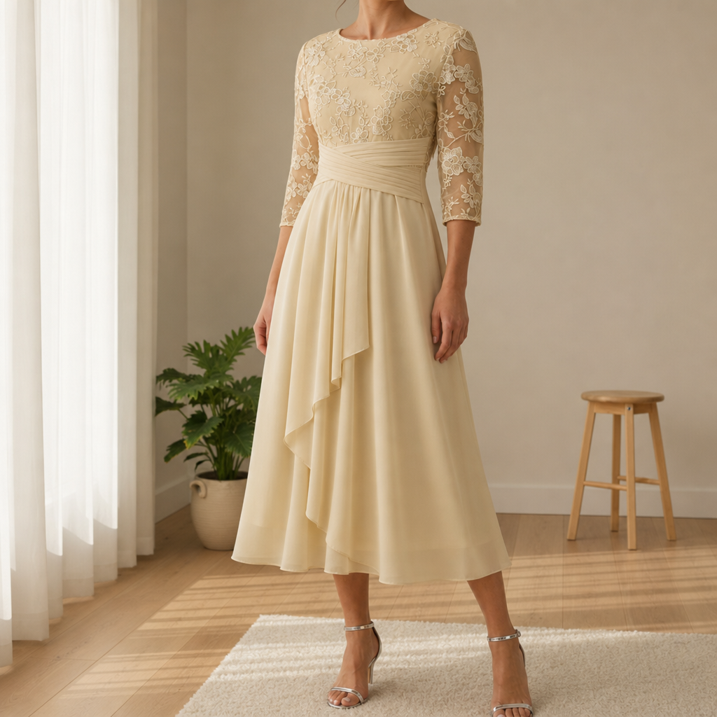 Champagne lace midi dress with a sheer bodice and flowing chiffon skirt.