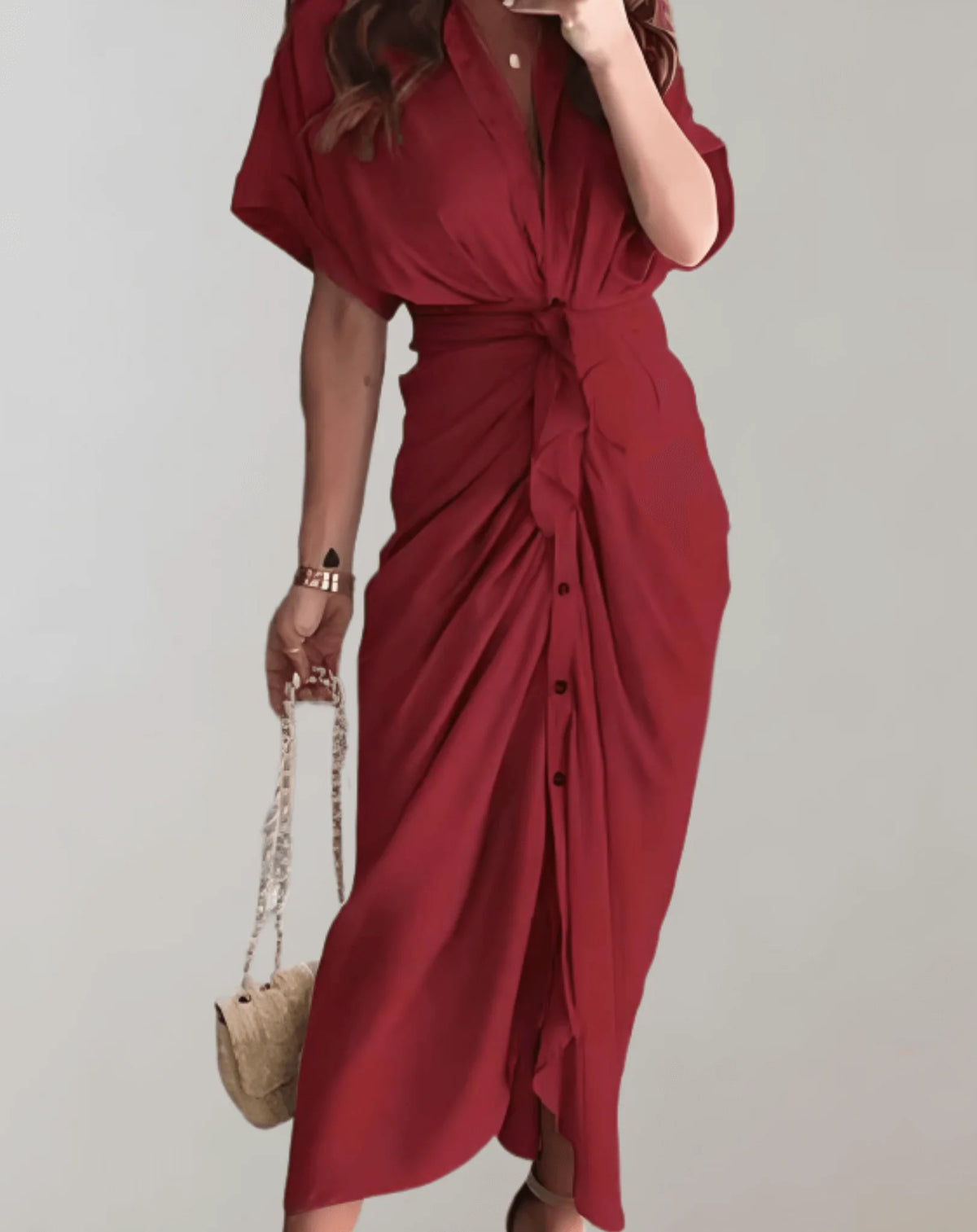 Women's Fitted Bodycon Maxi Dress with Batwing Sleeves for Evening — Red