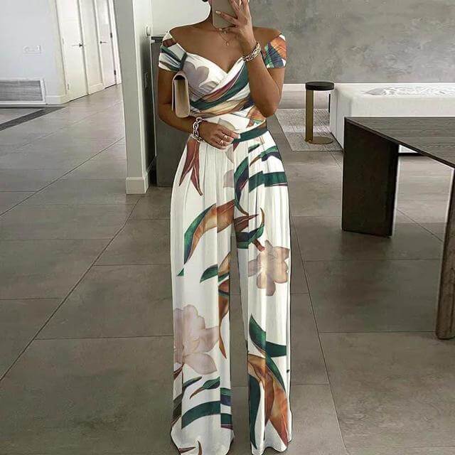 Women's Floral Off-Shoulder Wide-Leg Jumpsuit for Summer — White Tropical Floral