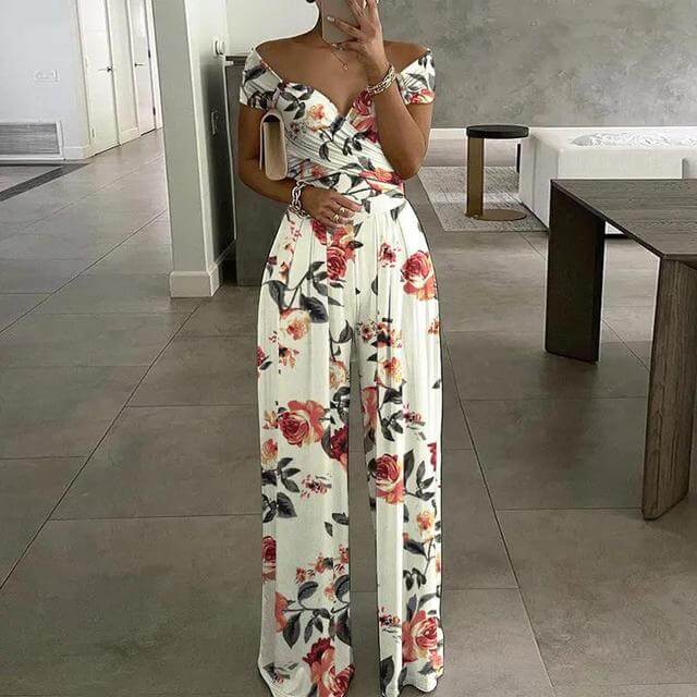 Women's Floral Off-Shoulder Wide-Leg Jumpsuit for Summer — Ivory Rose Floral
