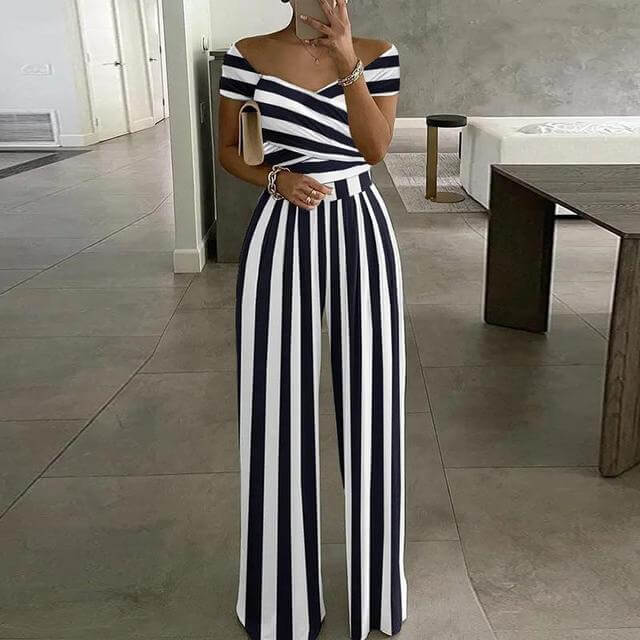 Women's Floral Off-Shoulder Wide-Leg Jumpsuit for Summer — Navy Stripe