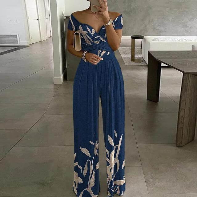 Women's Floral Off-Shoulder Wide-Leg Jumpsuit for Summer — Blue Leaf Print